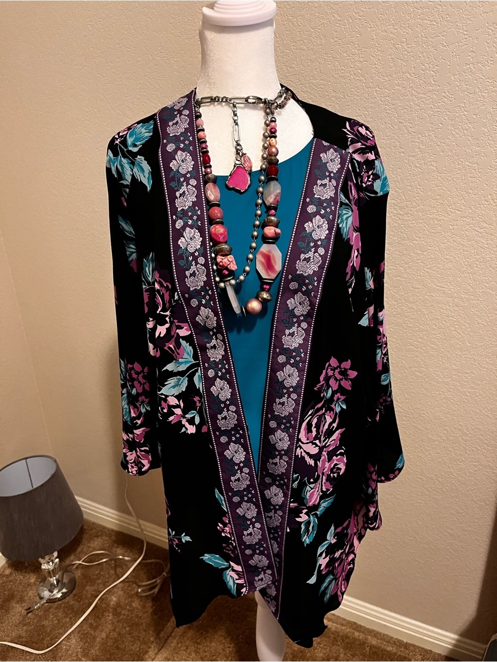 The Pioneer Woman Black Cardigan with Purple & Teal Floral Print